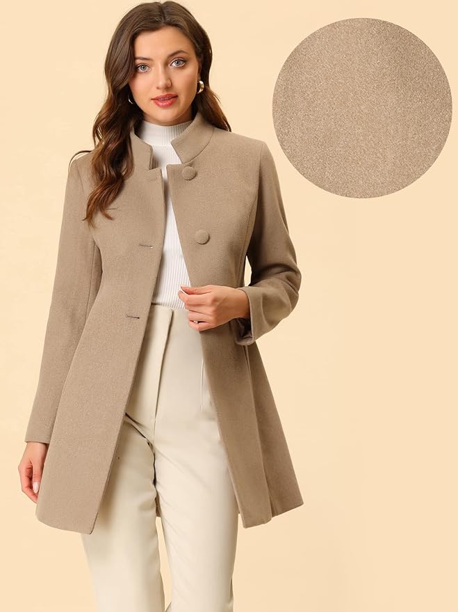 Allegra K Women's Winter Overcoat Mid-Long Stand Collar Single Breasted Coat Outerwear