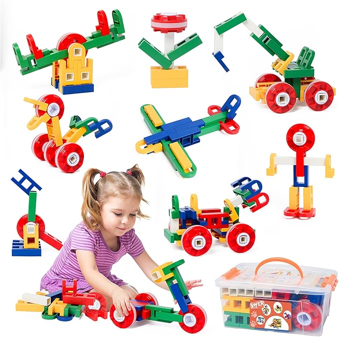 SWER 58Pcs 3D Building Block Toys, Creative Interlocking Connecting Kit, Multicolor STEM Interlocking Toy Set, Montessori Toys for Preschool Kids, Building Toys for Kids Ages 3+, Ideal