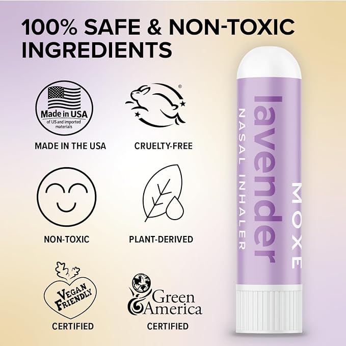 MOXĒ Lavender Essential Oil Nasal Inhaler, No-Mess Aromatherapy, Relaxation, Naturally Calming, Before Sleep Routine, Pure and Undiluted, Made in USA (3 Pack)