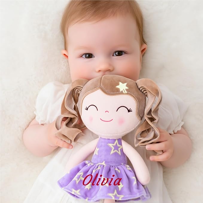 Gloveleya Personalized Baby Doll – Custom Name Rag Doll Gift for Girls | Soft Plush Keepsake Toy | Birthday, Baby Shower & Holiday Present – Purple Stars 12’’