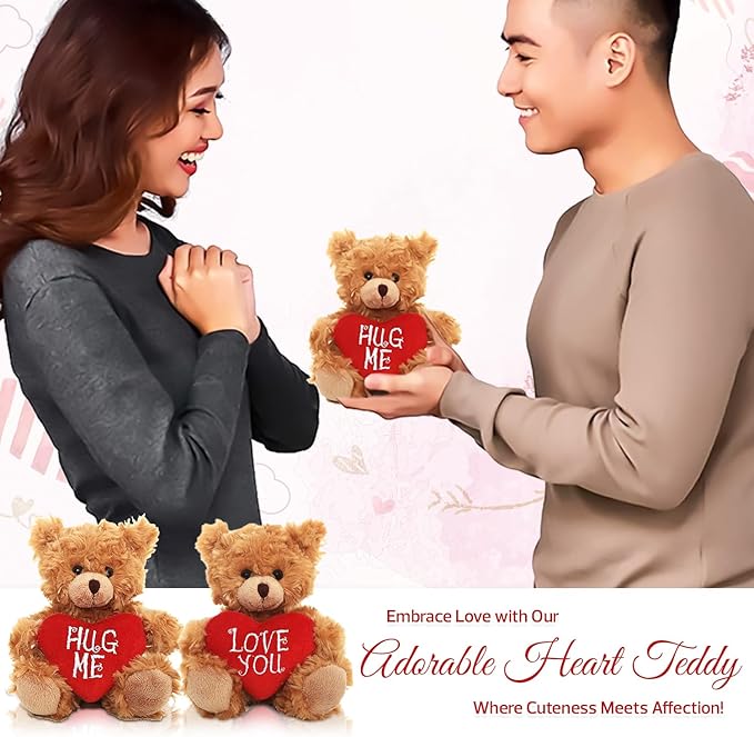 Plush Stuffed Animal Mocha Heart Bear – 2 Pack Hug Me & Love You Bears Set - Plush Toy for Kids & Adults Valentine's Day - Embroidered Red Heart Pillow - (9 inch Brown)