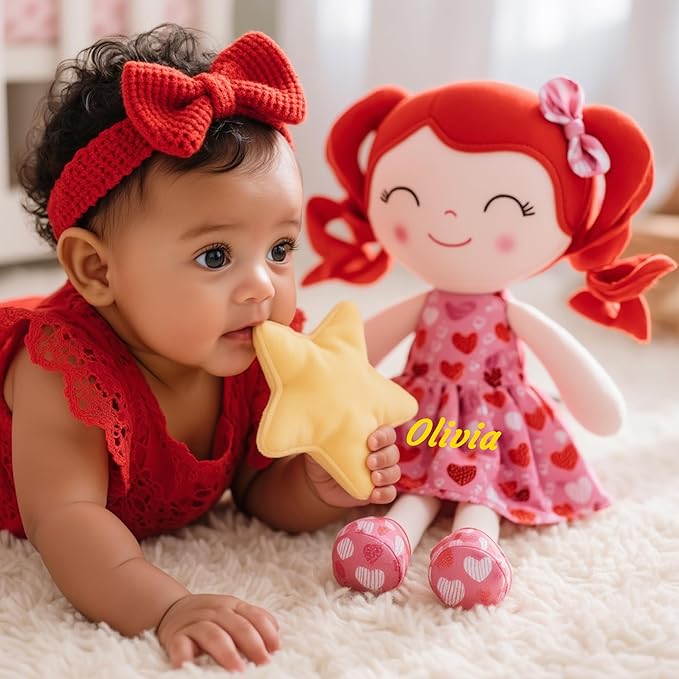 Gloveleya Personalized Name Baby Doll – Custom Red Hair Plush Girl Doll with Heart Dress 12", Unique Gift for Birthday, Baby Shower, Christmas & Holiday Keepsake for Toddlers and Little Girls