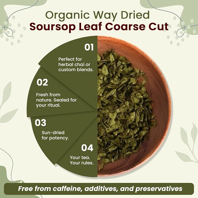 Organic Way Dried Soursop Leaf Coarse Cut (Annona Muricata) - Herbal Tea | Vegan, Non GMO & Gluten Free | Kosher Certified | Resealable Bag | 100% Raw from Sri Lanka (8 Ounces)
