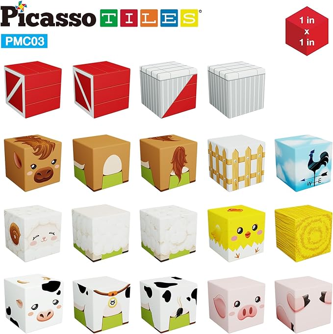 PicassoTiles Magnet Cube Farm House Theme Mix and Match Building Block Construction Toy Barn with 5 Magnetic Cubed Character Action Figure STEM Learning Education Sensory Pretend Play Kid Age 3+ PMC03