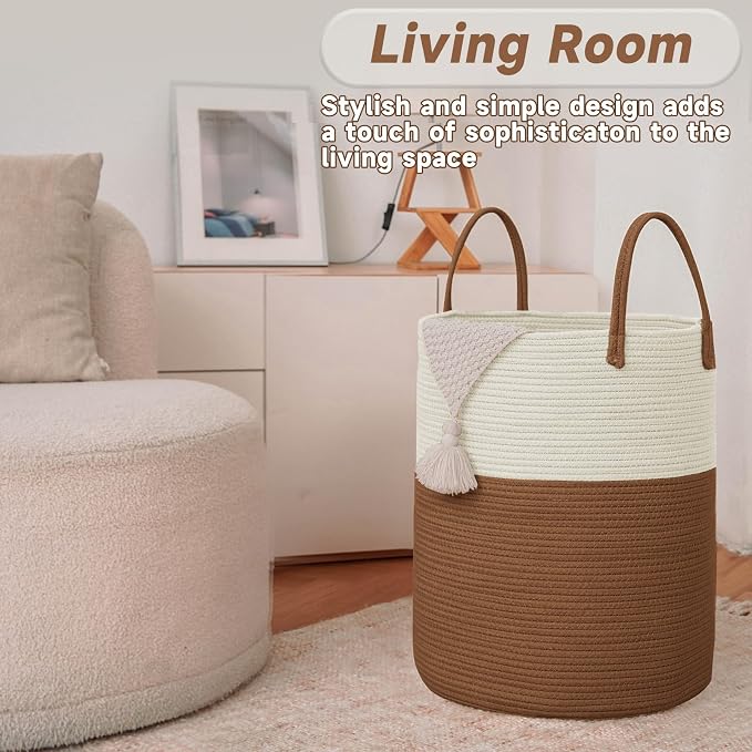 JMvicyroam 100L Cotton Rope Laundry Basket Hamper, White and Brown | Collapsible laundry basket, reinforced handles, freestanding, machine washable, holds 3-5 thick blankets, clothes or toys