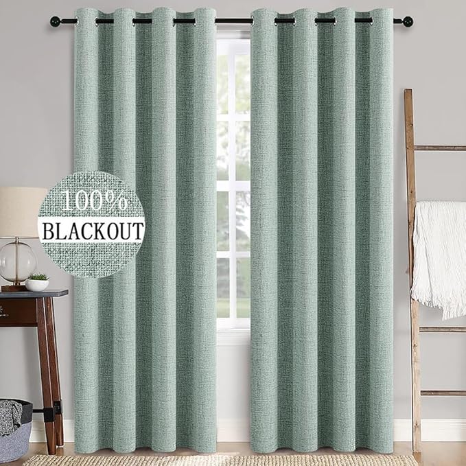 MIULEE Linen Texture Curtains for Bedroom Solid 100% Blackout Thermal Insulated Seafoam Green Curtains Grommet Room Darkening Drapes for Living Room 52x84 Inch (2 Panels)
