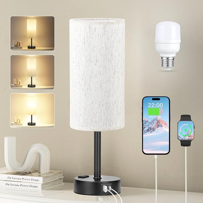 Light Beige Table Lamp for Nightstand - 3 Way Dimmable Bedside Lamp for Bedroom with USB C A Charging Ports and AC Outlet, Small Desk Lamp with Black Base for Living Room, Office, LED Bulb Included