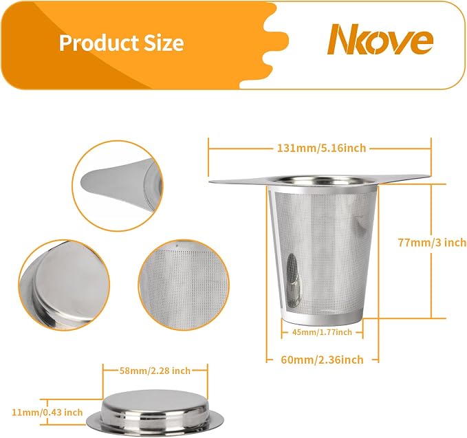 NKOVE Universal Tea Infuser with Lid Stainless Steel Filter Fits Mugs Cups Teapots Food Grade, Ultra-Fine Mesh, 304 Stainless Steel, Ideal for Loose Leaf Tea - Rooibos, Black, Herbal, Green