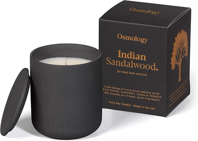 Indian Sandalwood Aromatherapy Candle – Sandalwood, Raspberry & Tobacco Scented Candle, Plant-Based Wax, 9.8 oz, 50 Hour Burn Time, Warm & Woody Candle