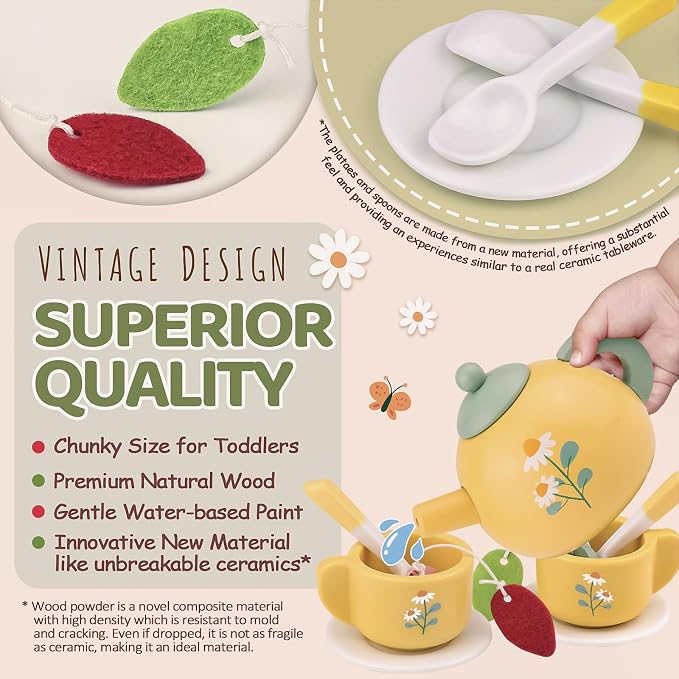 Wooden Tea Sets for Little Girls Play Food Cake Toys Toddlers 3-5 Kitchen Accessories Pretend Play Princess Playset for 3 4 5 6 Year Old Girl Boy Party Birthday Gift