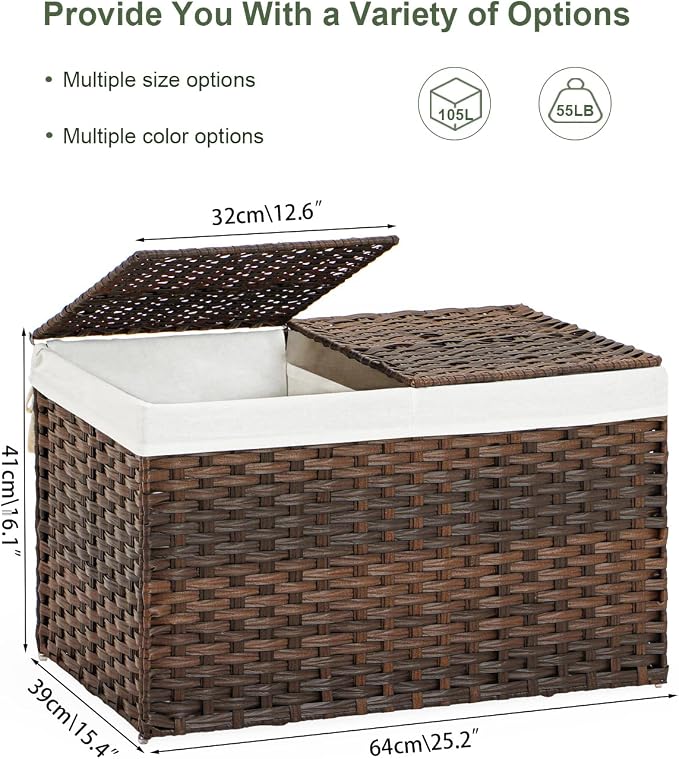 SETVSON Storage Basket with Lid PE Rattan Storage Basket 105L, Brown | 27.8 Gal Storage Bin with 2 Separate Lids, 2 Removable Liners for Clothes & Blankets, Sturdy Metal Frame, PE Rattan