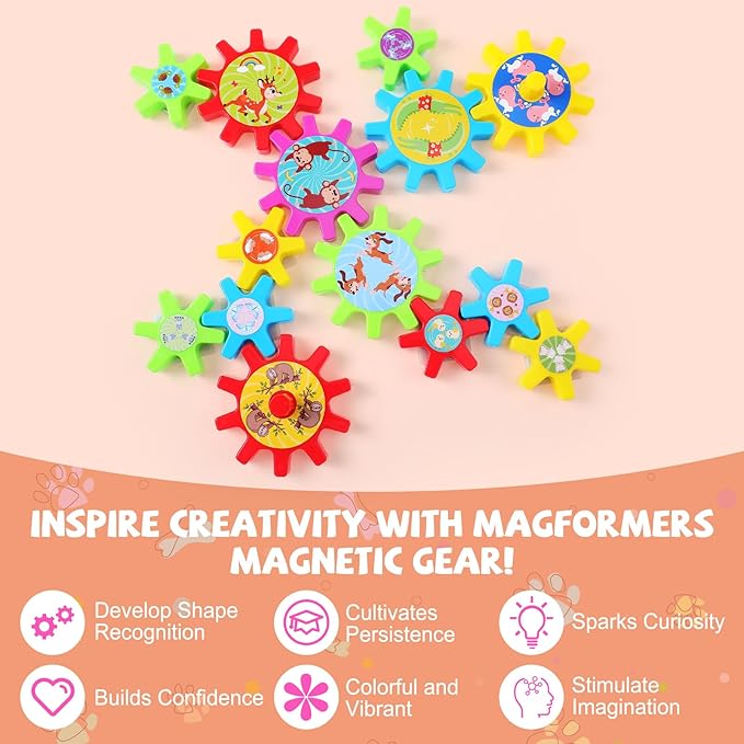 36 Pcs Magnetic Gears Interchangeable Learn Magnetic Spinning Gears for Magnetism Refrigerator or Whiteboard (Animal)