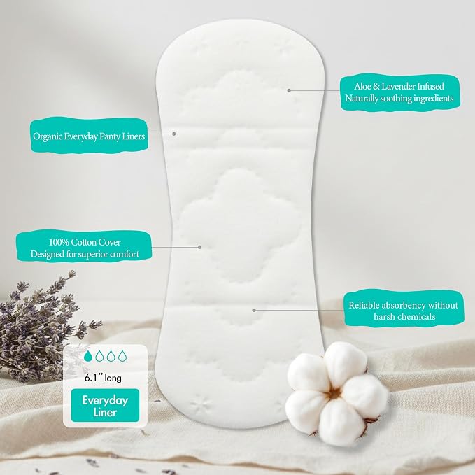 b.pure 100% Organic Cotton Herbal Panty Liners for Women | Chemical Free | Lavender & Aloe Infused | Light, Breathable Protection | 72-Count