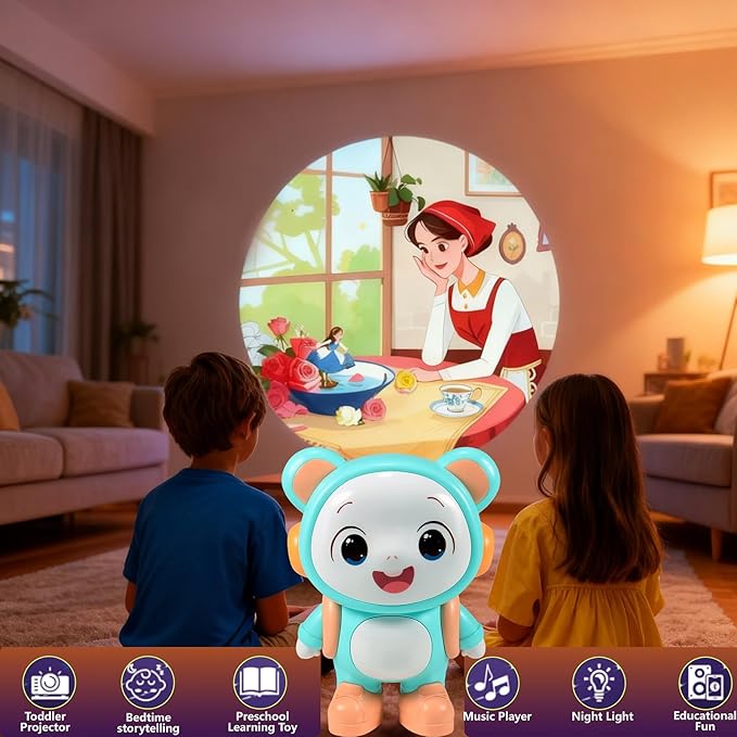Little Bear Story Dream Projector, Interactive Play & Early Learning Toys for Kids, Includes 11 Fairy Tale Stories & 9 Word Cards, Night Light, Fun Bedtime Educational Gifts for Boys & Girls Ages 2-6