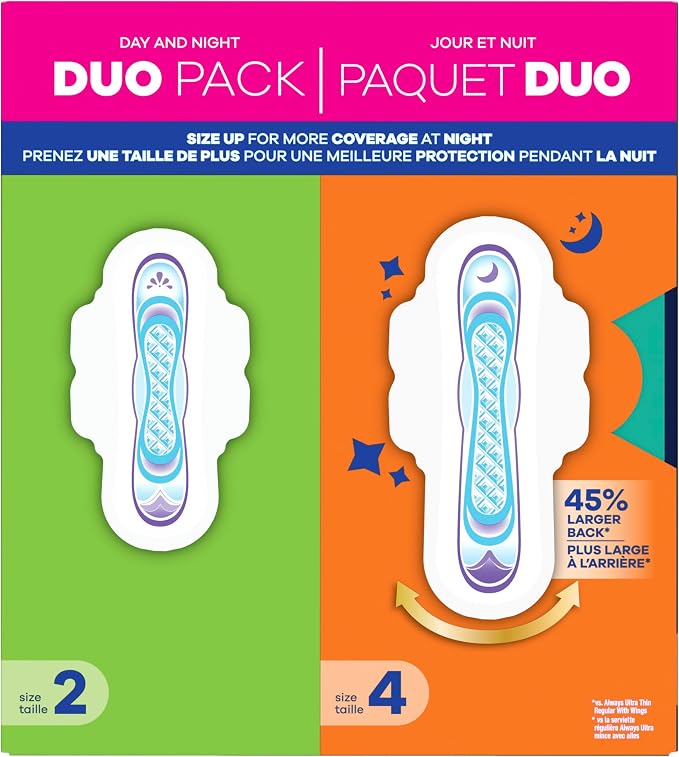 Always Ultra Thin Pads Duo Pack, Feminine Pads with Wings for Women, Size 2 Long Super and 4 Overnight Absorbency, Unscented, Up to 100% Leak-Free Protection, 44 CT