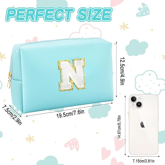 URSKYTOUS Gifts for Girls Initial Makeup Bag Personalized Cosmetic Bag with Zipper Cute Travel Toiletry Bag Waterproof PU Preppy Makeup Pouch Birthday Gift for Teen Girls Women(Blue N)