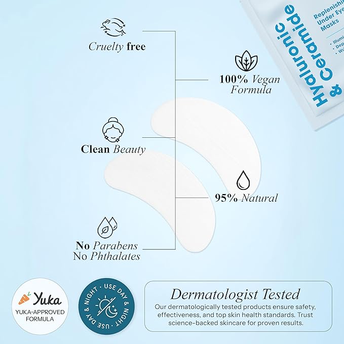 Hyaluronic Acid & Ceramide Under Eye Patches - Dermatologist Tested, Anti Aging, Korean Skin Care - Anti Wrinkle Pads For Puffy Eyes And Under Eye Bags - Vegan, Clean Beauty - 5 Pairs