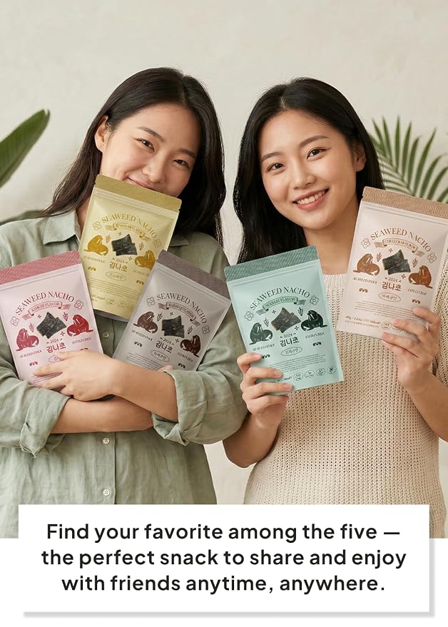 Korean Food Seaweed Nachos Variety Pack, 5 Flavor, Crispy Snack, 5 Pack | Variety pack featuring kimchi, sweet corn, BBQ, wasabi, and chili crab flavors