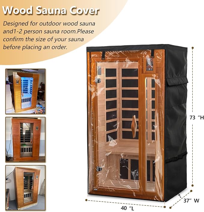 Outdoor Wood Sauna Cover,Sauna Covers with Separate Top Cover for Wood Home Spa Saunas,40" Lx37 Dx73 H with PVC Clear Door Design,Black