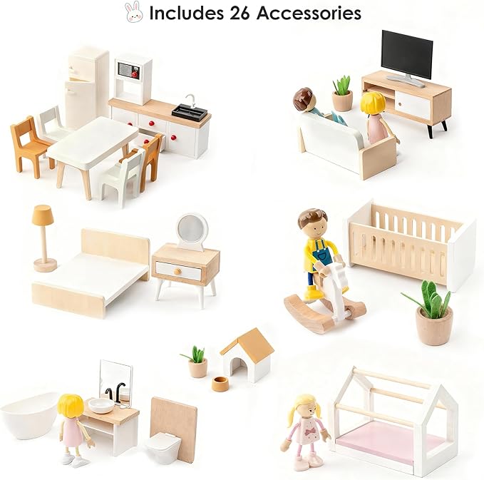 Wooden Dollhouse for Kids, 6-Room Modern Style Toy Doll House Playset with 26 Furniture & Functional Doors, 1:12 Scale Open Plan Dollhouse Designed for 4-6 Inch Dolls, STEM Creative Gift for Ages 3+