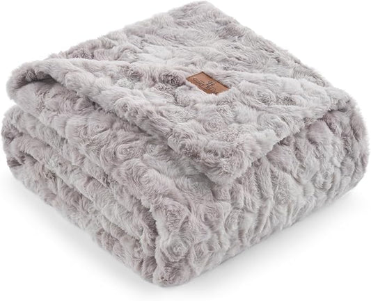 Cozy Bliss Faux Fur Throw Blanket for Couch, Fuzzy Soft Plush Thick Warm Fluffy Reversible Wave Textured Blanket for Sofa Bedroom Living Room, 55 * 70 Inches Tie-dye Grey