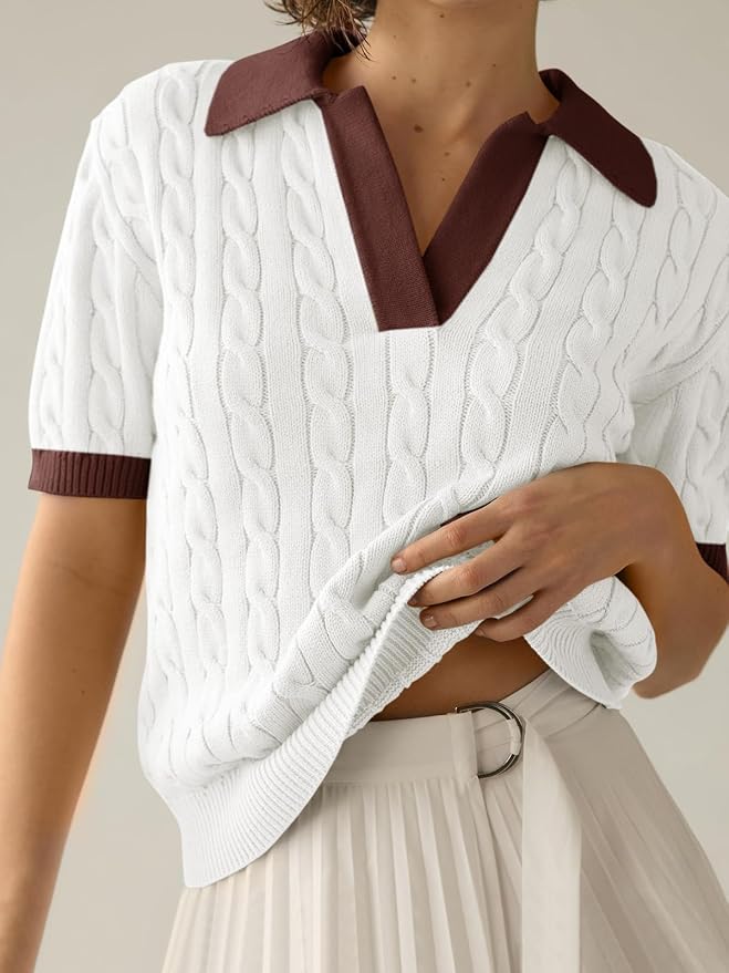 Imily Bela Womens Cable Short Sleeve Sweaters Tops Lapel V Neck Knit Shirt | Solid,Knit Casual,Soft Pullover,Fall Sweaters,Womens Summer Work Tops