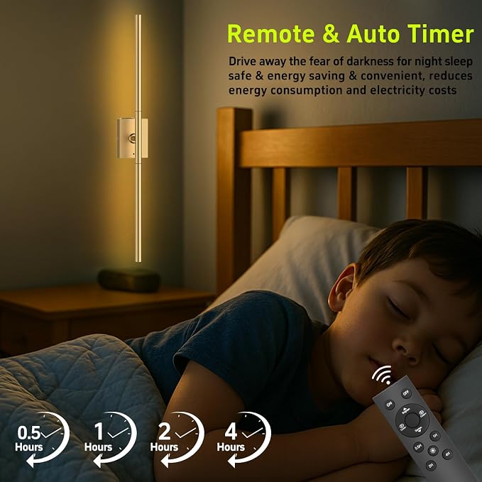 Battery Operated Wall Sconces Set of 2, 10000mAh, Gold | remote control and 360° rotation, for picture display TV wall mirror bedroom or living room home decor