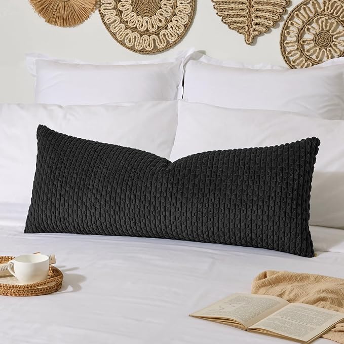 Kevin Textile Soft Corduroy 20"x54" Body Pillow Cover 1 Pack, Black | Boho Stripe Plush Corduroy Decorative Oblong Cushion Cover Modern Farmhouse Home Decor for Sofa Couch Bed Chair
