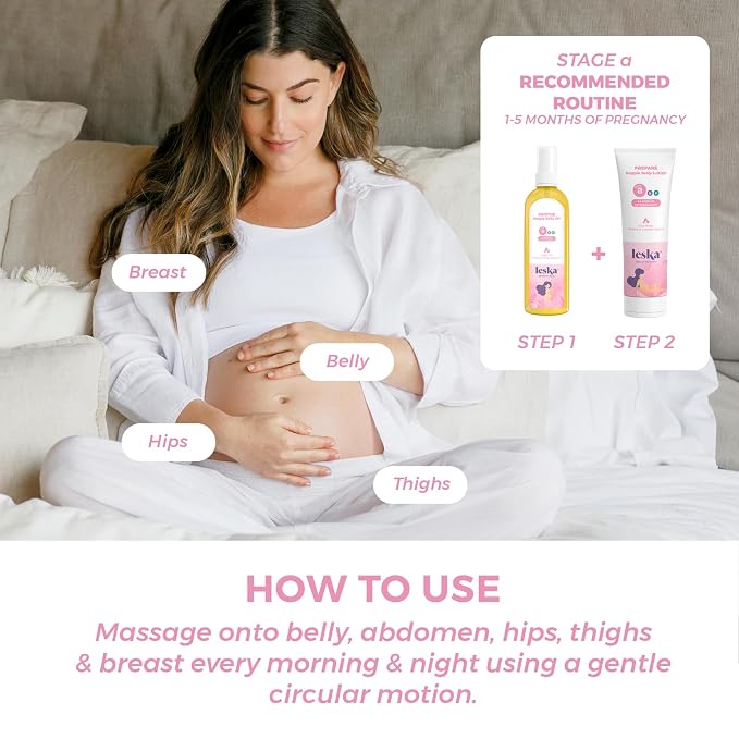 Leska Maternity Lotion & Oil | STAGE A: PREPARE & SOOTHE Supple Belly Lotion & Happy Belly Oil (Pregnancy Months 1-5) | Part of a Complete 3-Stage Pregnancy Skincare System | New Mom Gifts (4-4.22oz)