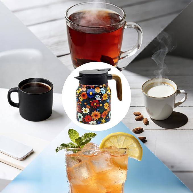 35 OZ Vintage Floral Tea Pot with Infuser, Insulated Stainless Steel Tea Kettle, 12 Hour Hot/Cold Retention, Tea-Water Separation Loose Leaf Tea Steeper for Hot Drinks (Daisy)