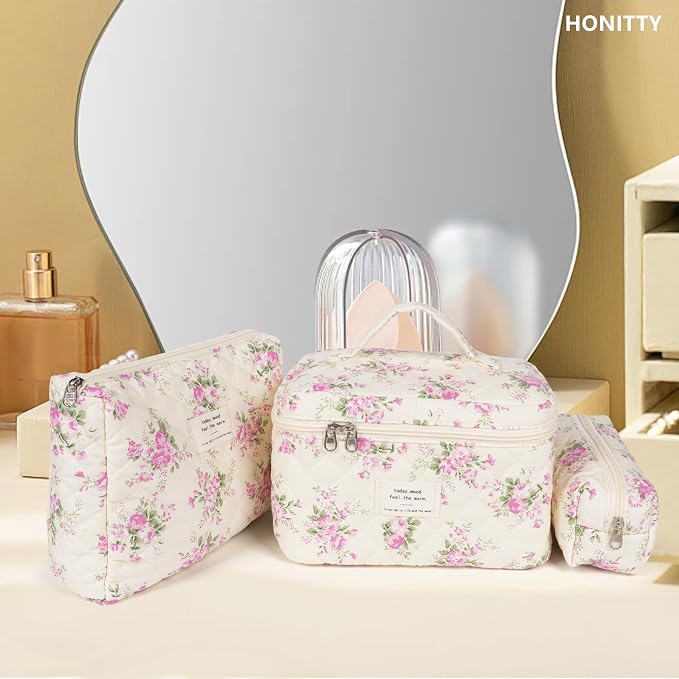 honitty Makeup Bag,Quilted Cosmetic Bags,Large Floral Make Up Organize bag,Makeup Bag Set for Women,Flower Travel Toiletry Bag