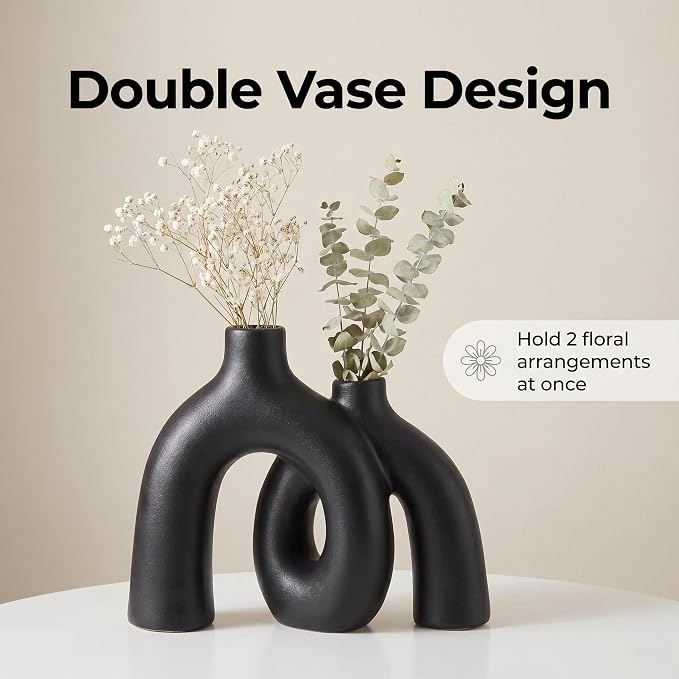 CEMABT Modern Nordic Boho Vase Set - Elegant Black Matte Ceramic Home Decor for Living Room, Bookshelf, Mantel, Entryway Table & Console Décor | Shelf Decorations Gift