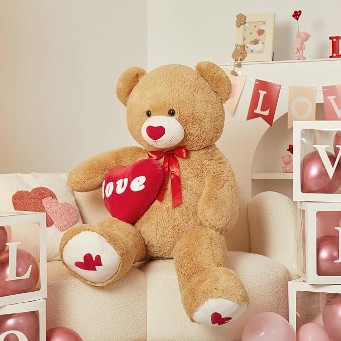 MorisMos Love Heart Giant Teddy Bear 4.3ft, I Love You Large Bear for Girlfriend, Soft Valentine Stuffed Animals Plush Gift for Boyfriend, Brown, 51Inch