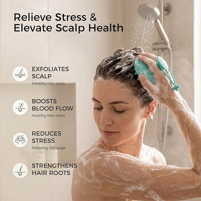 Scalp Massager Shampoo Brush, Soft Silicone Bristles Head Scrubber for Deep Cleansing, Dandruff Removal & Hair Growth, Ergonomic Exfoliator, Wet & Dry Use, Eco-Friendly Shower Brush, Green
