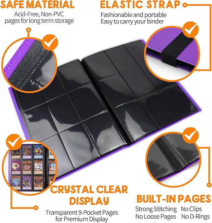 Card Binder 9 Pocket, PP Cover Trading Card Binder for 360 Cards, Sturdy Card Collection Album, Card Holder Folders for MTG, TCG, Game Cards & Sports Cards,Purple