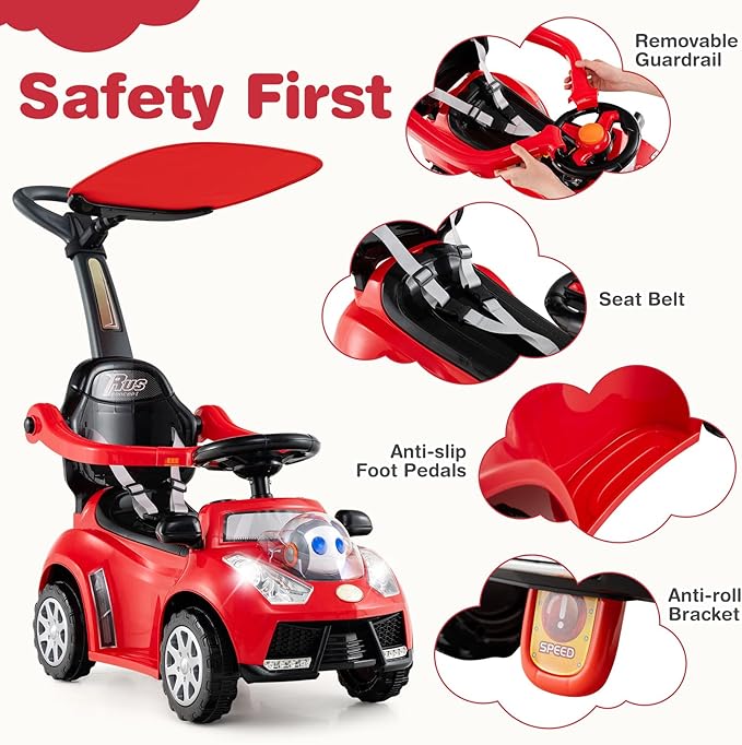 Costzon Push Car for Toddlers, 3 in 1 Stroller Sliding Walking Car with Handle, Canopy, Seat Belt, Horn, Music & Lights, Under-Seat Storage, Guardrail, Foot-to-Floor Ride On Toy for Boys Girls (Red)