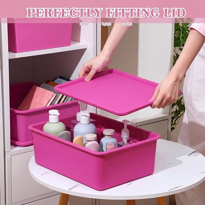 4 Pcs Storage Bins with Lids Plastic Stackable Containers for Classroom Room Organizing Shelves Christmas Ornament Box Baskets(Dark Pink, Light Pink,Large)