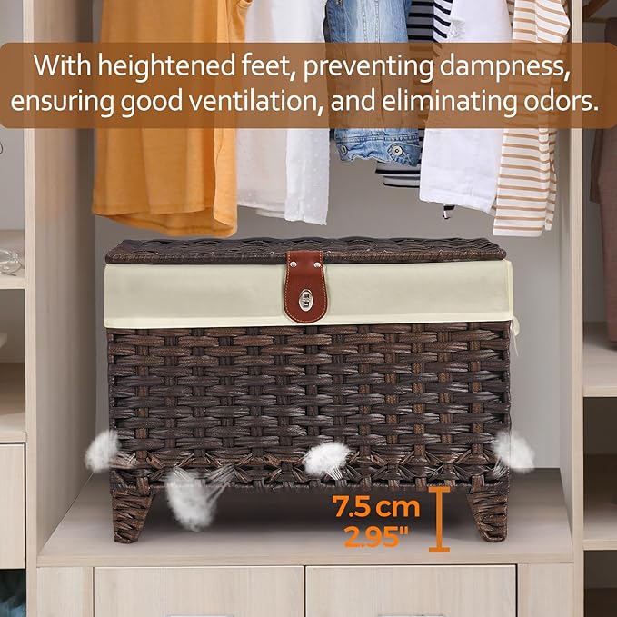 Wicker Storage Basket with Lid, 65L Shelf Basket with Removable Liner Bag | Rattan-Inspired Woven Design, Elevated Feet, Storage Trunk for Wardrobe, Bedroom & Home Organization