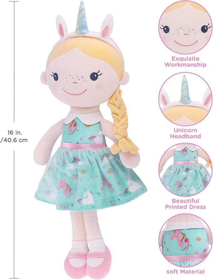 Soft Baby Doll Toys (16'') for Girls, My First Baby Rag Dolls for 1 Year Old Girl Birthday Gift Plush Doll Toys Machine Washable Baby Doll for Toddler Kids Infants - Unicorn Girl