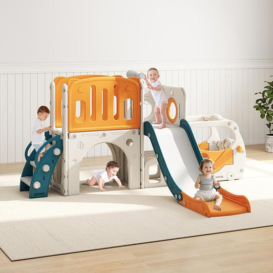 kinbor 9 in 1 Toddler Slide Set - Kids Slide with Basketball Hoop, Bus-Themed PlaySet with Easy Climb Stairs & Storage, Toddler Indoor Outdoor Playground