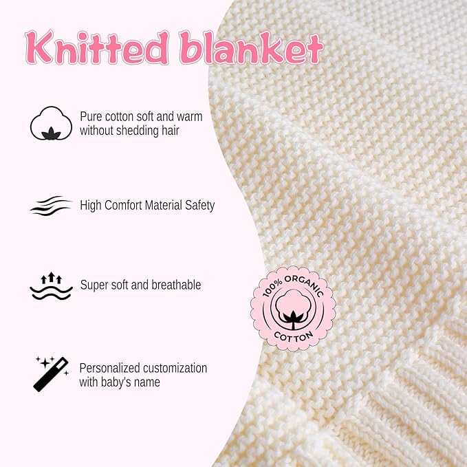 Personalized Baby Blanket with Name - Organic Cotton Custom Embroidered Blanket for Newborn Baby Girl Boy Gifts, 30x40 Inch Soft Knit Swaddle Receiving Blanket for Baby Shower