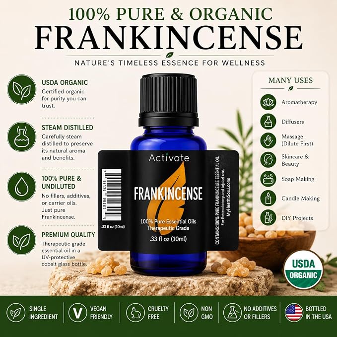 Activate USDA Organic Frankincense Essential Oil, 100% Pure & Undiluted, Steam Distilled Frankincense Oil for Aromatherapy, Diffuser, Massage, Skin Care, Candle & Soap Making, 10mL (0.33 fl oz)
