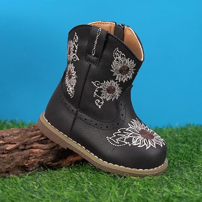 Newsonet Baby Cowboy Cowgirl Boots Infant Western Boots Toddler Boys Girls Round Toe Riding Mid Calf Boots All Seasons for 6 9 12 18 24 Months