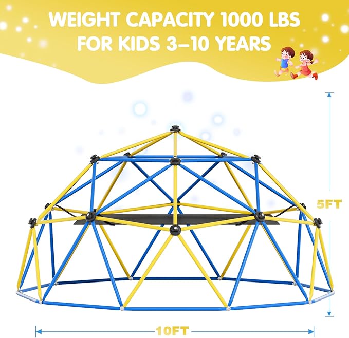 Climbing Dome,10FT Dome Climber with Hammock, Outdoor Play Equipment for 3 to 10 Children, Supports Jungle Gym up to 1,000 lbs, Rust Resistant, Easy to Assemble, Gift for Kids, Blue+Yellow