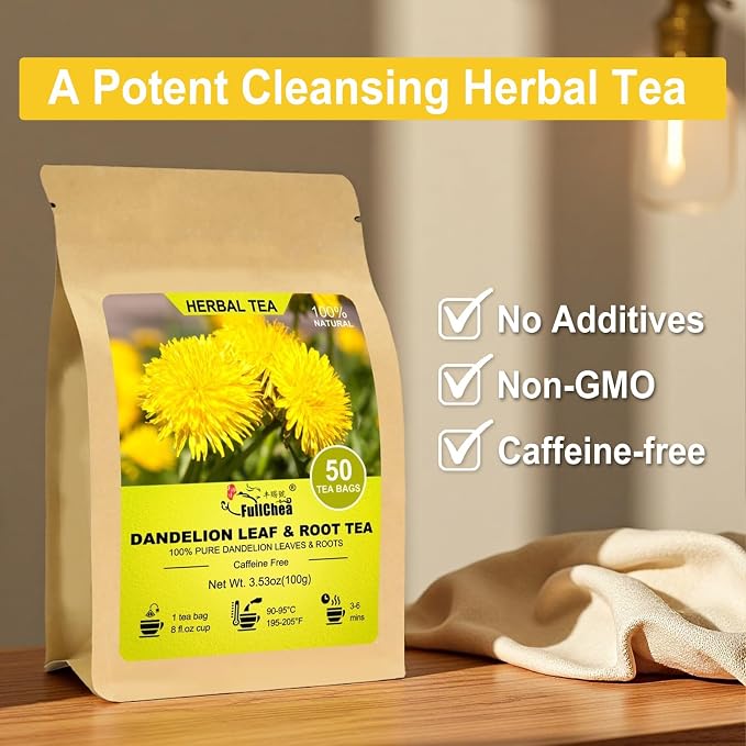 FullChea - Dandelion Leaf & Root Tea Bags, 50 Teabags, 2g/bag - Natural Dandelion Herbal Tea for Liver & Kidney Health - Non-GMO - Caffeine-free - Support Digestion & Boost Immune System