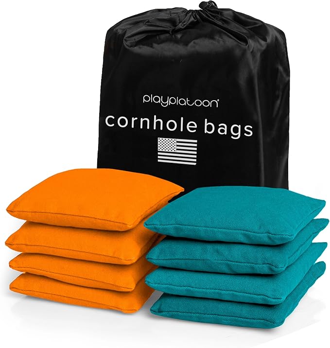 Play Platoon Cornhole Bags Weather Resistant- Set of 8 Regulation Bean Bags for Tossing- Official Professional Size & Weight Corn Hole Bags Two Color All Weather Cornhole Beans Bag Set with Tote Bag