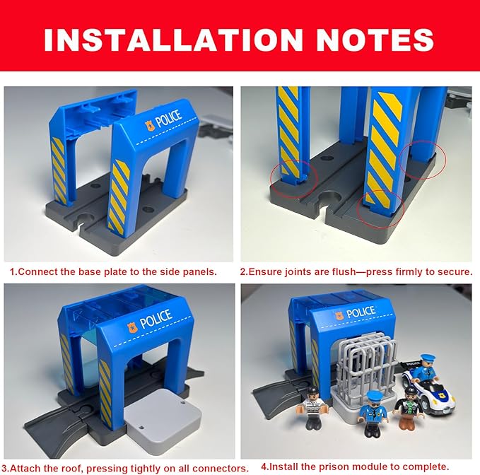 Police Station Playset Toy,Building City Police Scenes Train Set Compatible with All Wooden Train Tracks,Educational Train Accessory Toys for Boys and Kids (Assembly Required)
