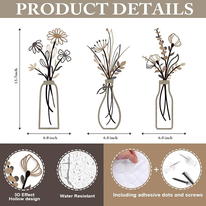 Pigort 3 Pieces Metal Flowers Wall Arts - Rustic Farmhouse Style Décor Metal Wall Art Black Minimalist Flower Natural Themed Wall Decors for Home Bedroom Dining Room Housewarming (Brown)