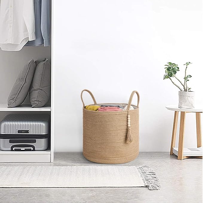 Mkono Woven Storage Basket for Blanket, Toys Plant Organizer, 16"W x 13.8"L | Brown, Jute, Decorative Basket with Handle, Wood Beads Tassel, Shoes Towel Clothes Storage Bin, Living Room Bedroom Nursery