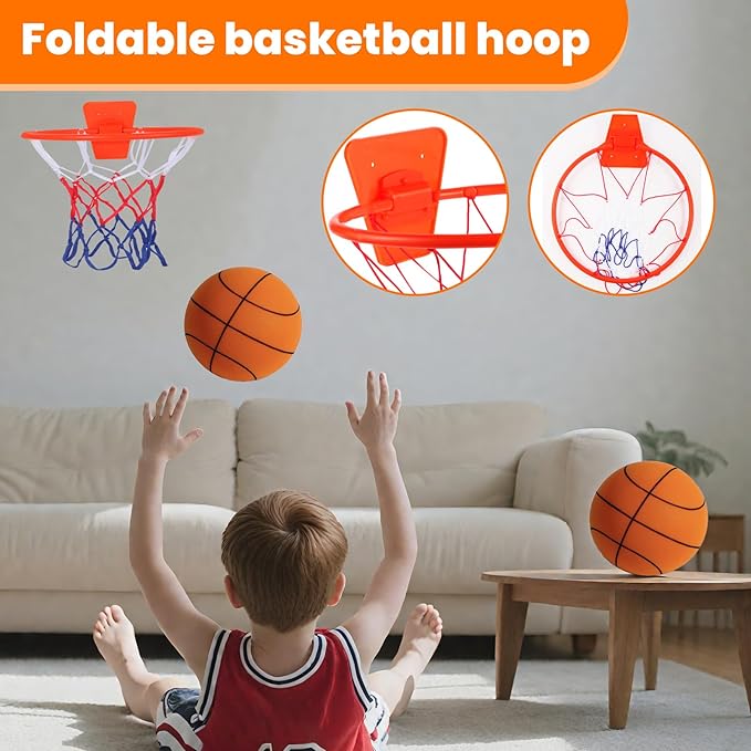 Silent Basketball Hoop Indoor Wall Mount, Foldable No-Drill Large Basketball Hoop for Bedroom, Office & Home(No Ball Included) – Large, Space-Saving Design,Compatible with Size 7 Ball